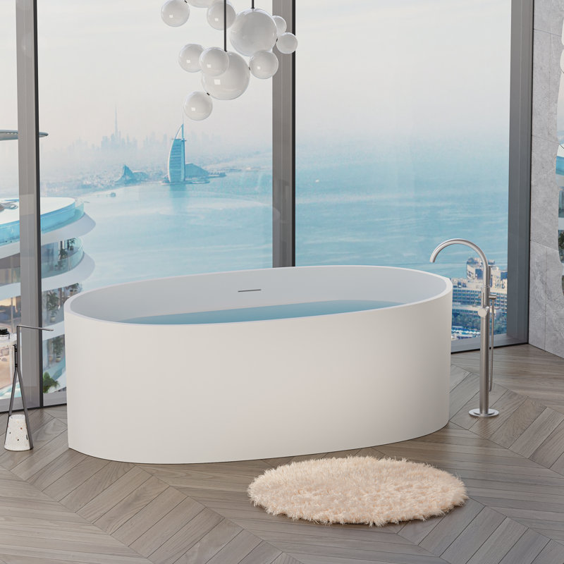 65'' Matte White Solid Surface Freestanding Soaking Bathtub