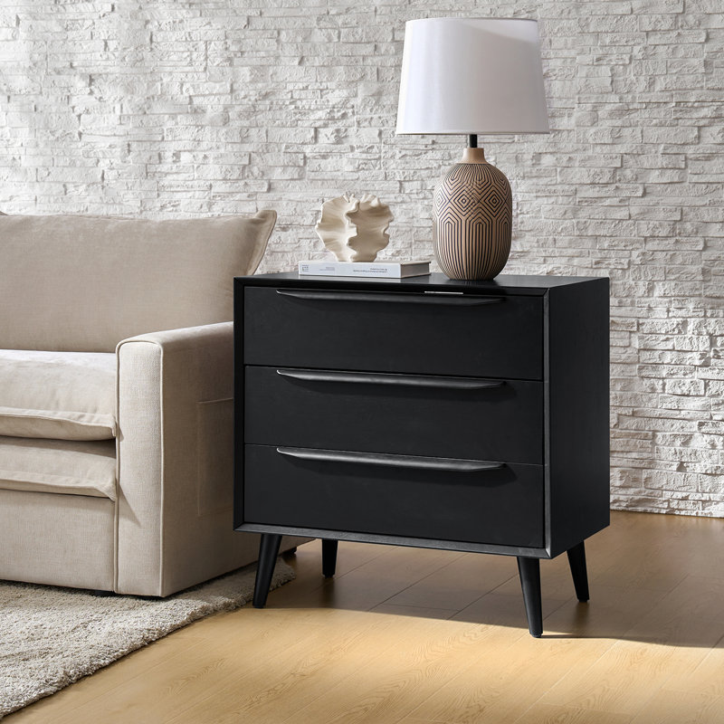 Commode d'appoint Mid-Century moderne à 3 tiroirs avec prise de courant Aviannah, Noir