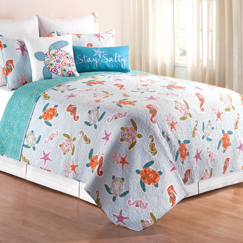 Blue Cotton Twin Reversible Nautical Quilt Set