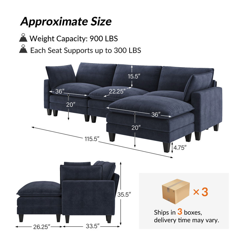151.5'' Wide Sectional Sofa, Navy Polyester