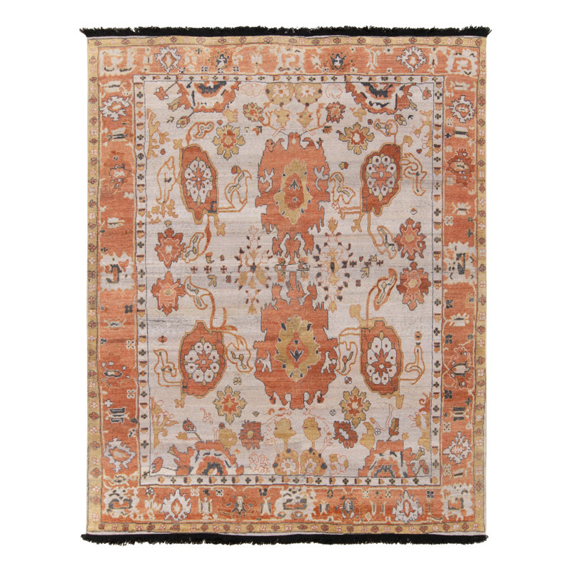 Rug & Kilim's Oushak Rug In White, Orange And Gold Floral Pattern, Rectangle 6' x 9'