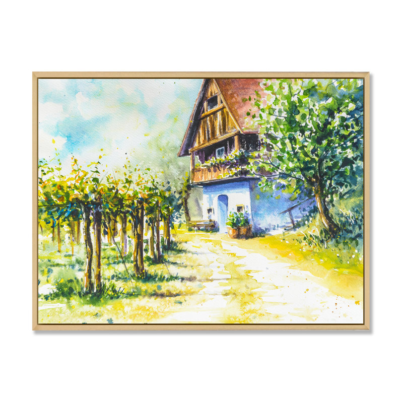 Maison près du vignoble - Peinture sur toile, H 13 po x l 21 po, Cadre érable