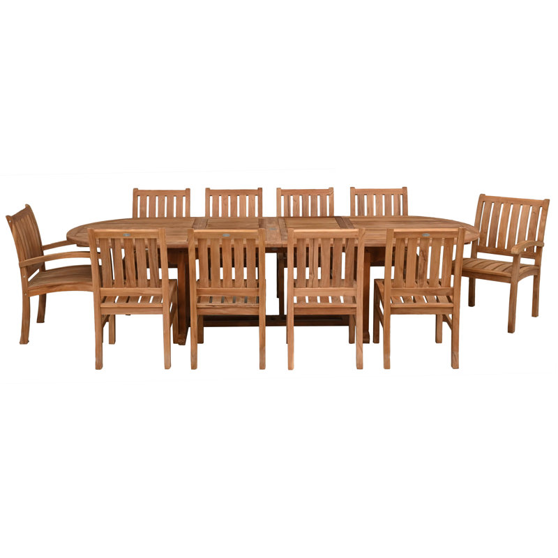 11 Piece Teak Wood Dining Set Including Oval Double Extension Table With 2 Abacho Arm Chairs & 8 Side Chairs