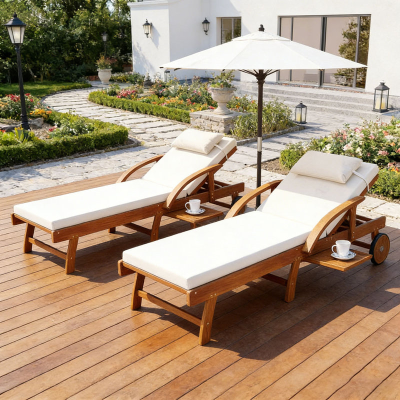 Chaises longues d'extérieur 77,5 po, structure en bois d'acacia, dossier et repose-pieds rembourrés et réglables, appui-tête et plateau latéral rétractable, parfait pour la terrasse, la piscine, le jardin, la plage 