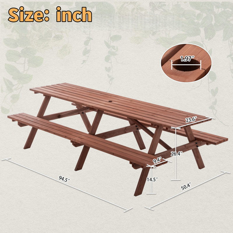 Table de patio en bois pour 12 personnes avec bancs et trou pour parasol