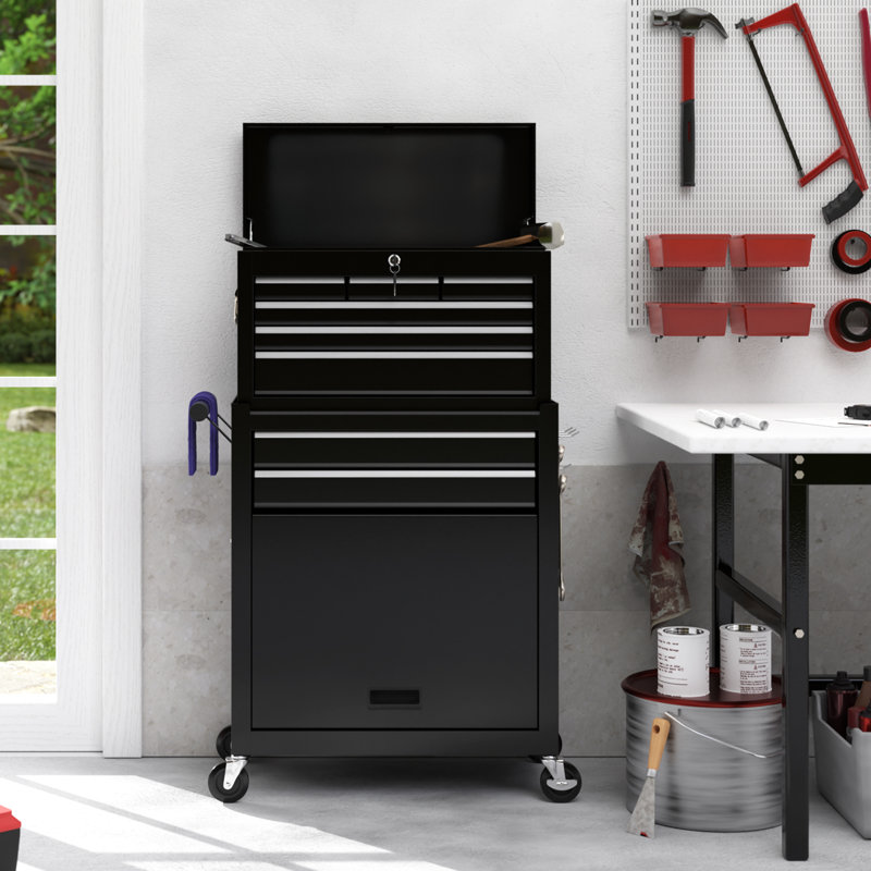24.4'' W 8 -Drawer Stainless Steel Combination Set with Wheels, Black
