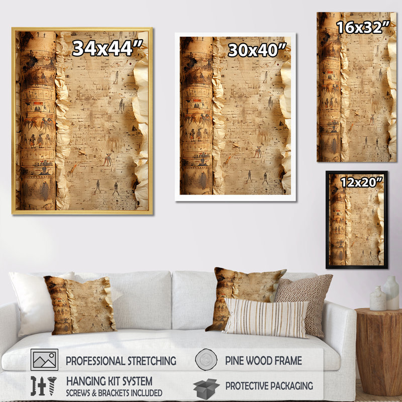 «Hinduism Puranas Papyrus Parchment II», reproduction d'art sur toile, Cadre flottant doré, H 44 po x l 34 po x P 1,5 po