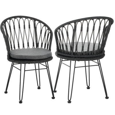 2 chaises avec 2 coussins, gris Sièges d'extérieur industriels et pieds en épingle à cheveux, chaises météo, 2 pièces, coussins gris. Pieds de salle à manger contemporains
