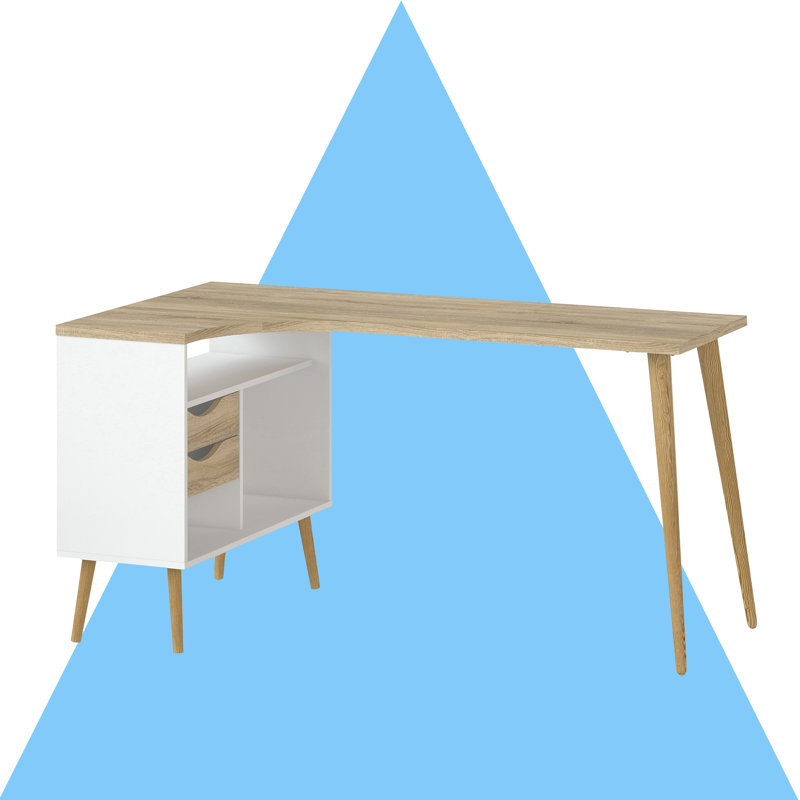 Justus 57.13" L Shaped Writing Desk with Drawer Storage and Shelves, Oak/White
