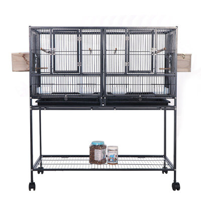 Bird Cage with Wheels, Bird Flight Cage, Wrought Iron Standing Large Parrot Parakeet Flight Birds Cages with Slide Out Tray Parrot Metal Parakeet Cages with Wooden Perches Black 