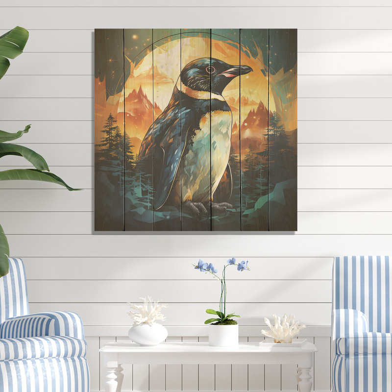 Coucher de soleil sur glace, charme pingouin II - pingouin sur bois, H 36 po x l 36 po