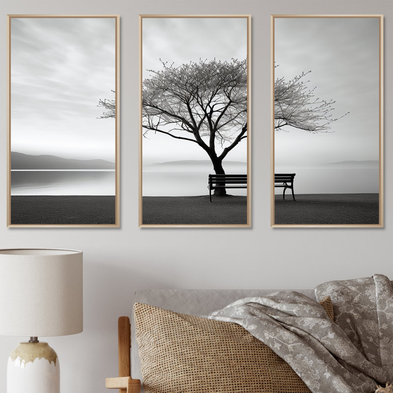 «Black and White Lakeside Nature Serenity - Lakes Lakehouse», ensemble d'art sur toile, Cadre naturel flottant