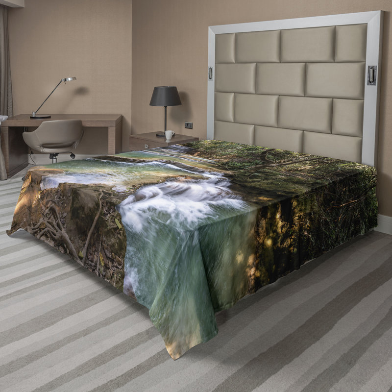 Ambesonne Landscape Top Flat Sheet Waterfall Trees Leaves Dark Khaki and Fern Green, Full Flat Sheet