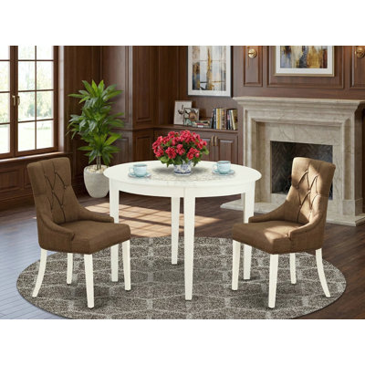 L'ensemble de table de cuisine 3 pièces pour petits espaces comprend une table de salle à manger ronde et 2 chaises de salle à manger Parson en tissu de lin brun, 42 x 42 pouces, lin blanc