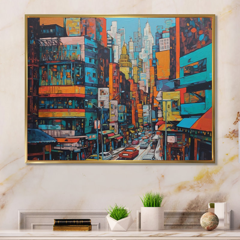 «Orange and Blue Metropolitan Marvels», reproduction sur toile encadrée, H 24 po x l 32 po x P 1 po, Cadre flottant doré