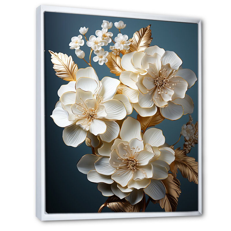 Décoration murale hortensia baroque blanc et or I - Hortensia, 32" H x 16" W, Cadre flottant blanc