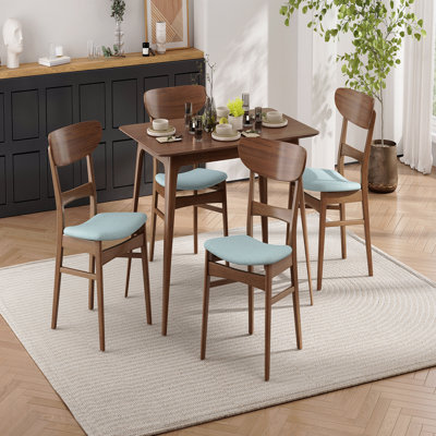 Ensemble de salle à manger 5 pièces Mid-Century moderne: table en bois d'hévéa et 4 chaises rembourrées, noyer et menthe