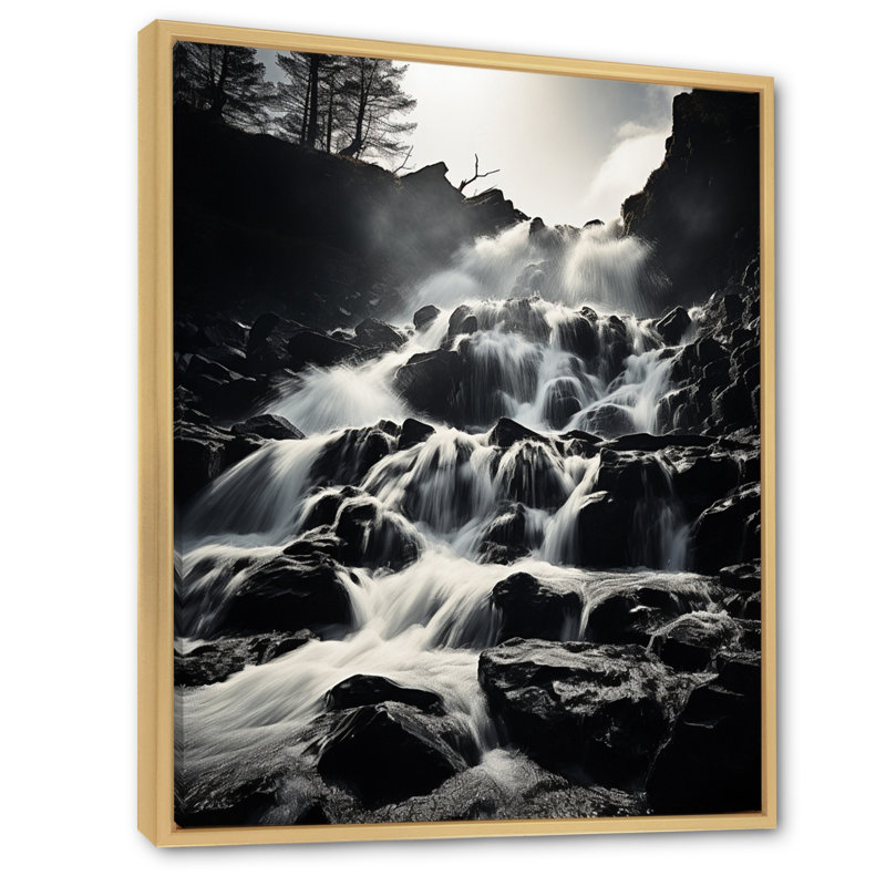 Chute d'eau monochrome en cascade harmonieuse II sur toile, H 40 po x l 30 po x P 1,5 po, Cadre naturel flottant