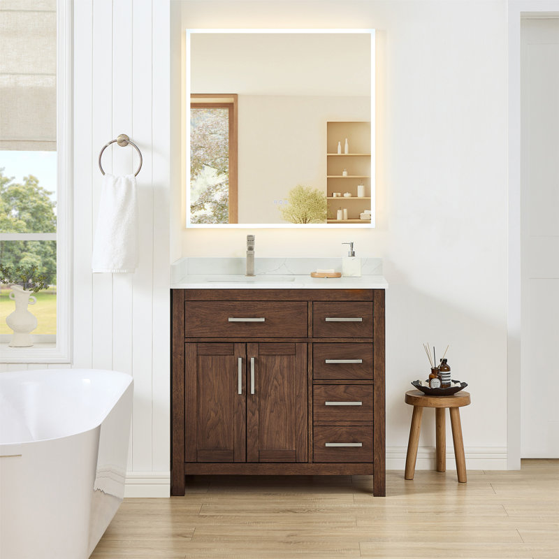 Beckett 36" Freestanding Single Bathroom Vanity with Quartz Top, Brushed Nickel, White Quartz, Whitewashed Oak