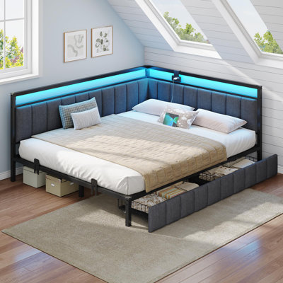 Queen-Size Corner Bed With Storage Drawers, Queen-Size Sofa Bed With Padded Guardrails, Bed Unit With Led Lights And Charging Station, Modern Queen-Size Bed Frame, Grey