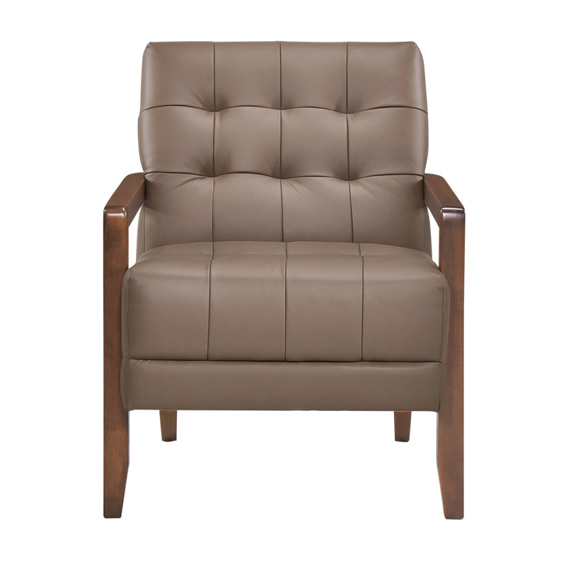 Fauteuil d'appoint contemporain en cuir brun avec accoudoirs et pieds en noyer, Brun