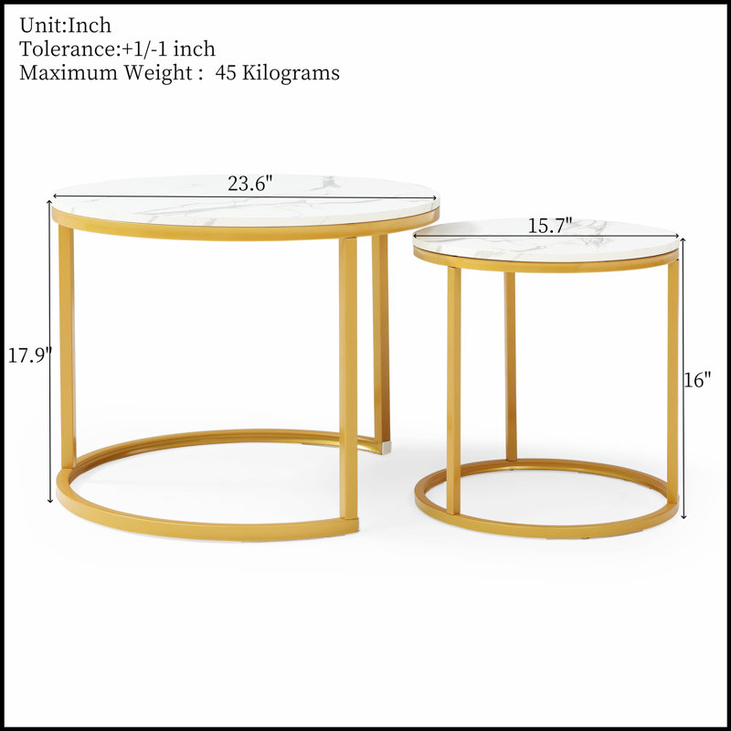Ensemble de 2 tables basses gigognes avec plateau blanc et gris, cadre doré, conception circulaire pour un décor compact et élégant