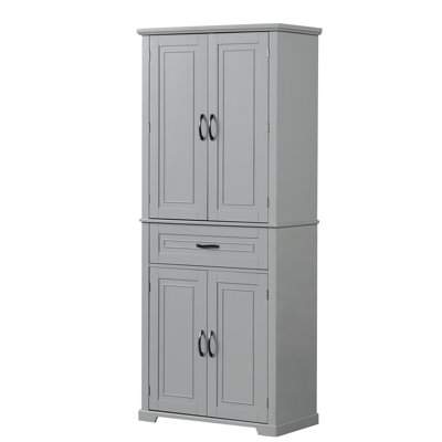 Grande armoire de salle de bain grise, portes, tiroir, tablette réglable, armoire spacieuse et fonctionnelle grise, design moderne