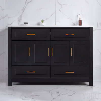 Meuble-lavabo noir 48 po. Armoire de rangement abondante - 4 portes à fermeture douce et 4 tiroirs (à l'exception du lavabo en céramique)