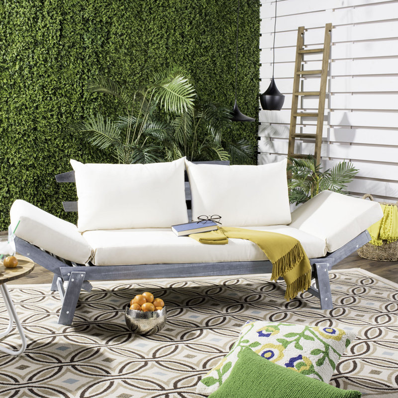 Jacqueline 83.46'' Wide Straight Acacia Patio Daybed with Cushions, Beige, Ash Gray