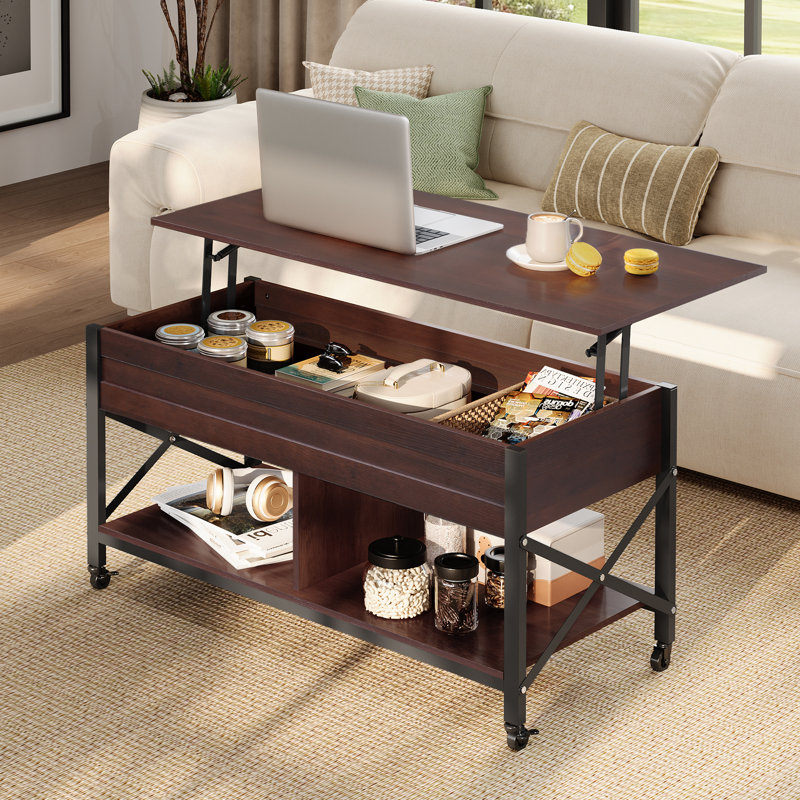 Grande table basse extensible à plateau relevable Sparta avec rangement et roulettes interchangeables, table basse carrée pour le salon  