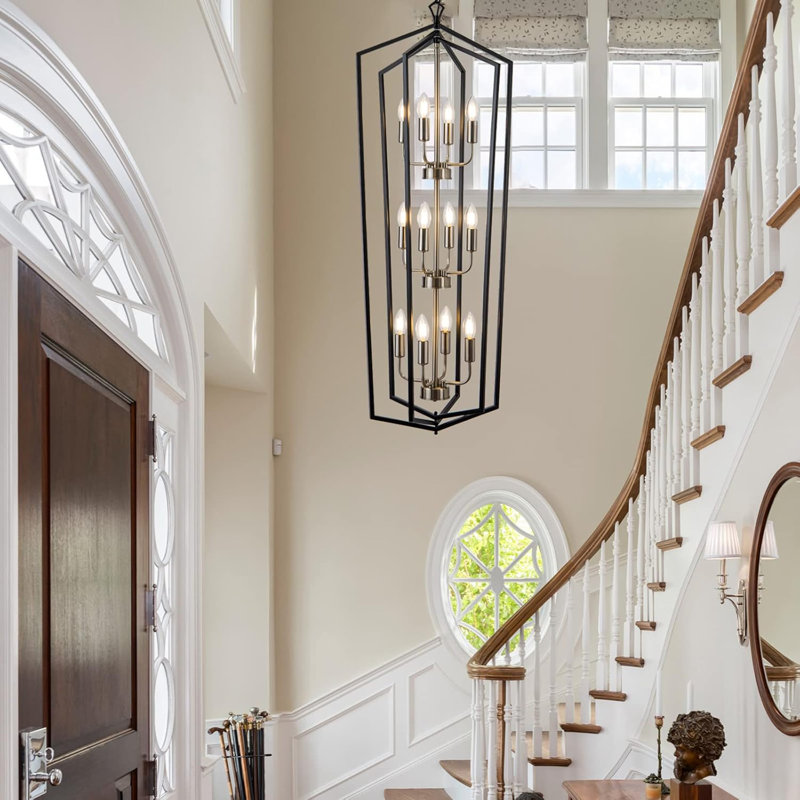 12-Light Farmhouse Industrial Chandelier Hanging Pendant Light For High Ceiling Entryway Foyer Living Room With Adjustable Height And Dimmable Functionality