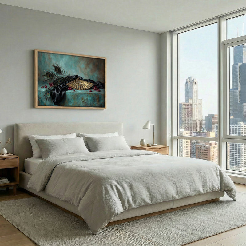 Ensemble d'une toile décorative « Éventail de paon », H 18 po x l 24 po, Naturel