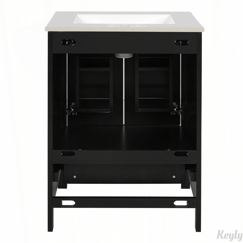 Meuble-lavabo de 24 po avec lavabo, tiroir et tablette à double couche, Noir