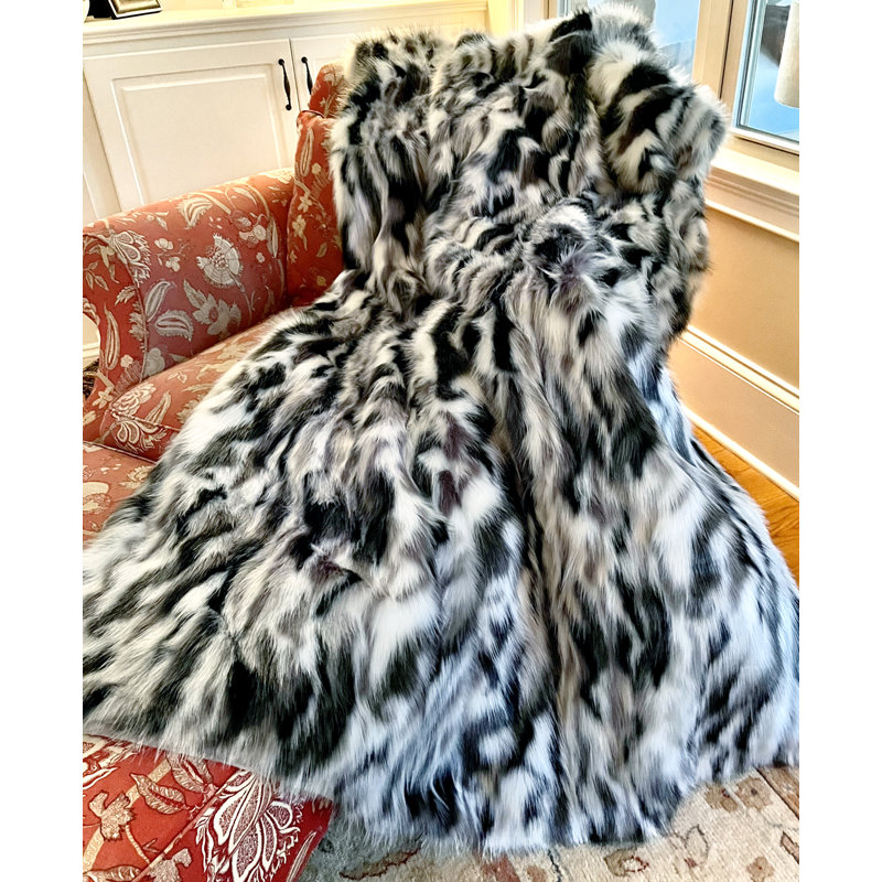 Jeté et couvre-lit en fausse fourrure de renard noir et blanc Luxury Tibet, L 96 po x l 60 po, Jeté