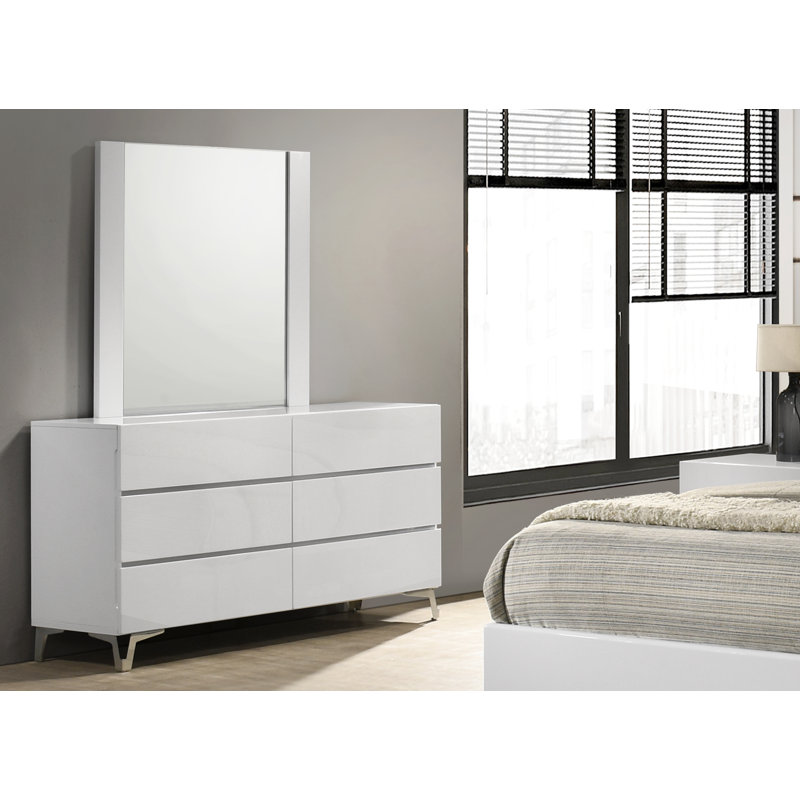 La Rochelle 55" White Modern 6 Drawer Dresser & Mirror Set
