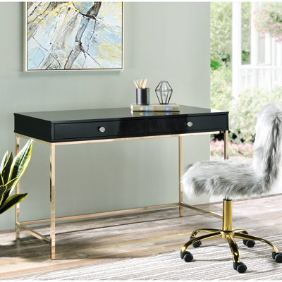 Élégant bureau rectangulaire noir avec finition ultrabrillante et 2 tiroirs, revêtement de sol en bois à la mode de 25 po plaqué or