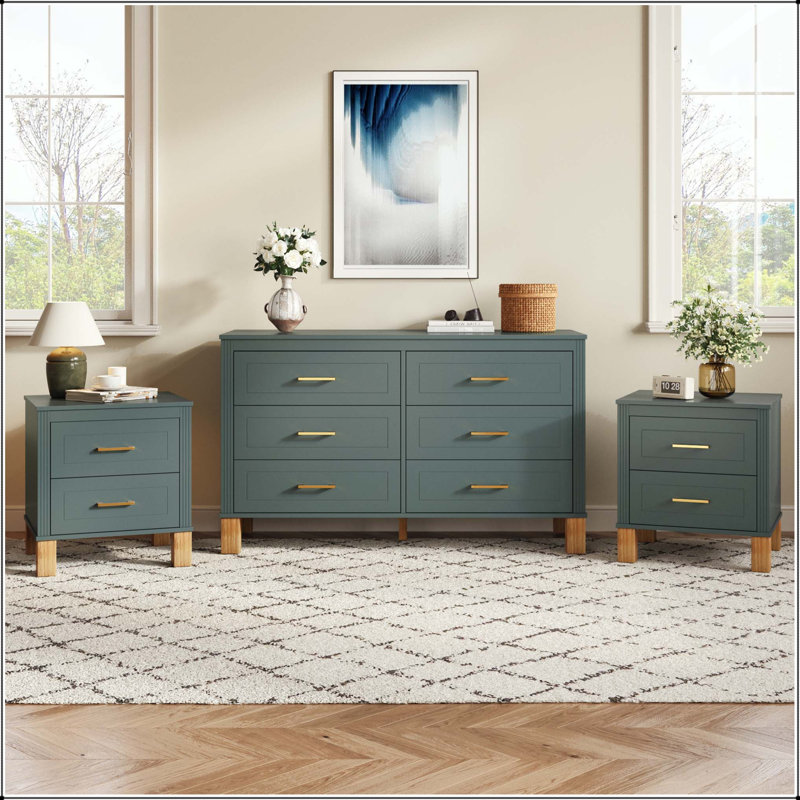 Grande table de chevet 2 tiroirs avec panneaux latéraux cannelés et pieds en bois massif, Blue