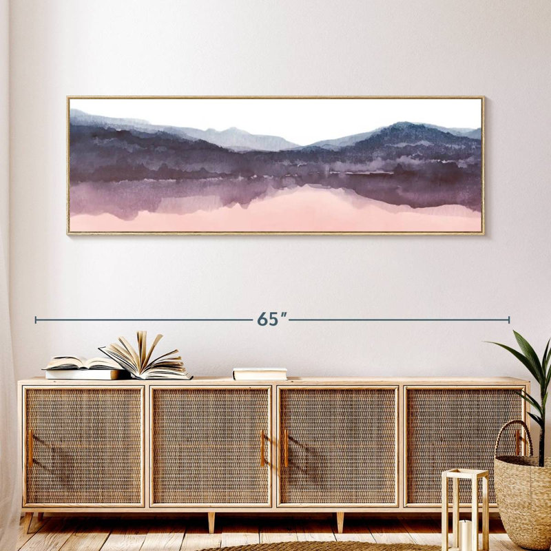 Aquarelle paysage IV rosé indigo III, Cadre flottant en bois naturel, 57 po x 19 po