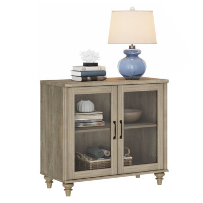 Corretta End Table For Bedroom With 2 Glass Doors, Mid Century Modern Wooden Closet Storage Organizer, White