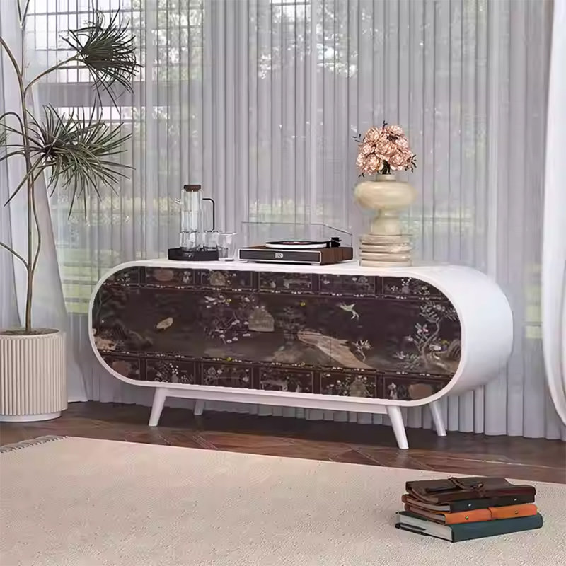 Buffet en noyer avec 2 portes et 2 tiroirs, Blanc Ivoire