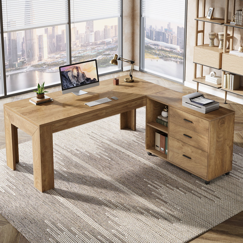 Bureau de direction en L avec rangement et classeur mobile, bureau d'ordinateur 63 pouces, brun clair, Marron clair