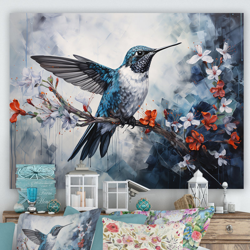 Colibri harmonie florale sur toile, Toile tendue, 24" H x 32" W