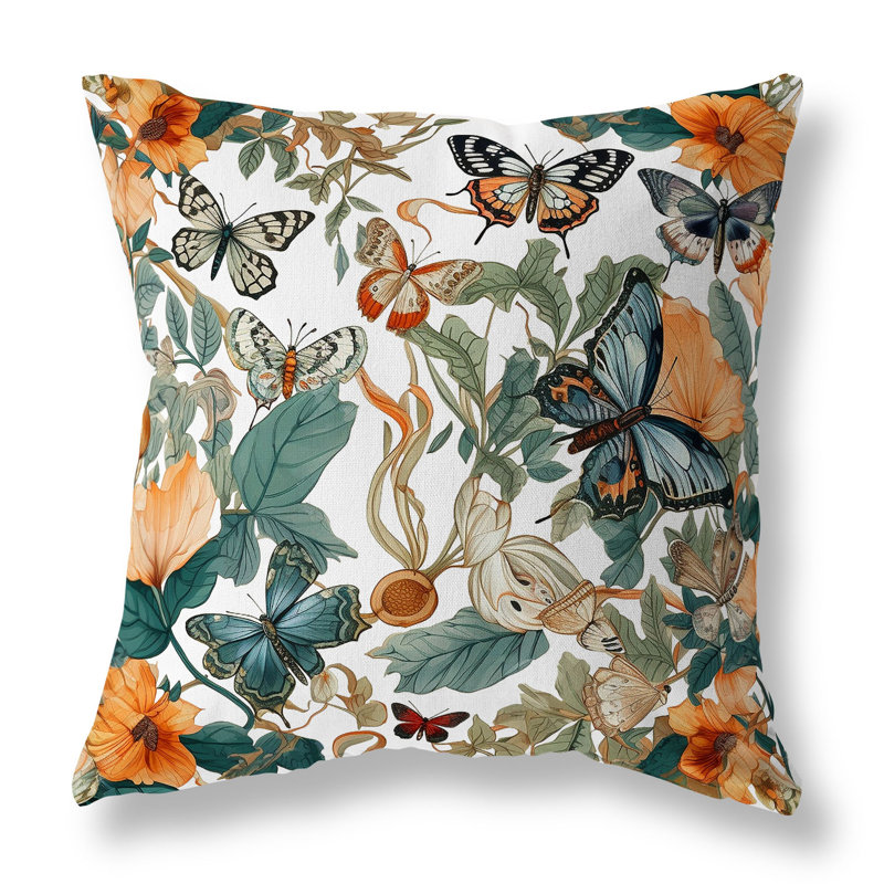 Coussin Butterfly Haven, H 18 po x l 18 po, Bleu / Blanc / Orange