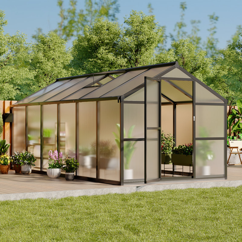 Serre 8 x 12 x 6,5 pi pour l'extérieur, serre en polycarbonate avec structure d'installation rapide et évent de toit