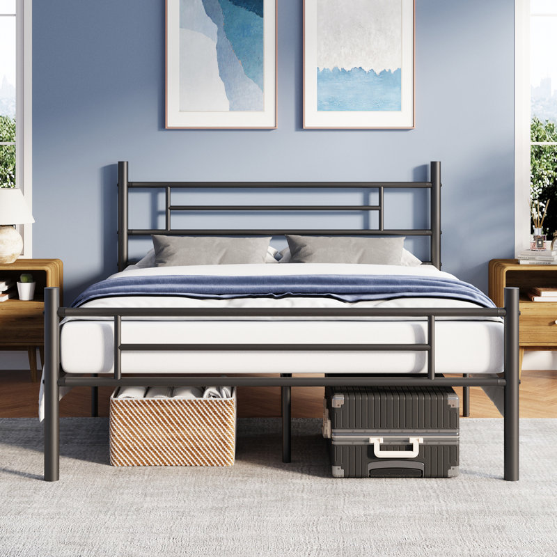 Metal Platform Bed Frame with Headboards and Footboards, Black, Queen