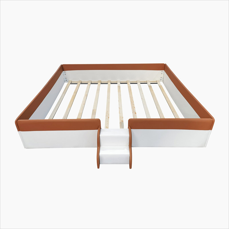 King Size Upholstered  Daybed Frame with Fence and Stairs,(BROWN+WHITE)