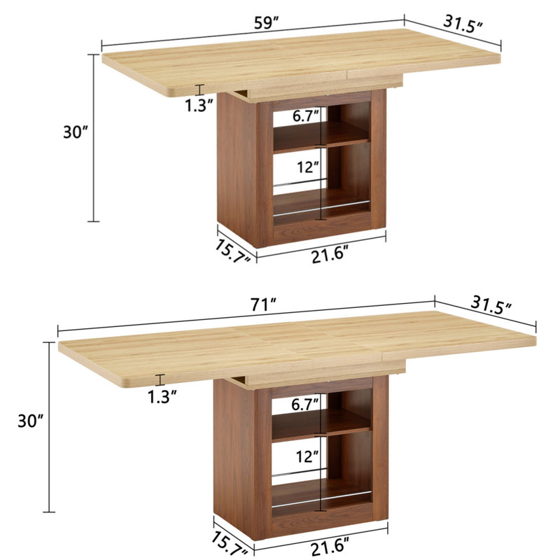 Table de salle à manger extensible 59 "à 71", table de salle à manger rectangulaire avec deux tablettes ouvertes, pouvant accueillir 4 à 8 personnes