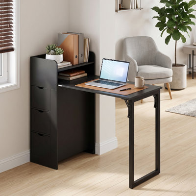 39.4" W Wall Mounted Foldable Desk with Drawers & Charging Station, Fold Out Wall Desk for Small Spaces, Small Desk for Bedroom, Apartment & Dorm