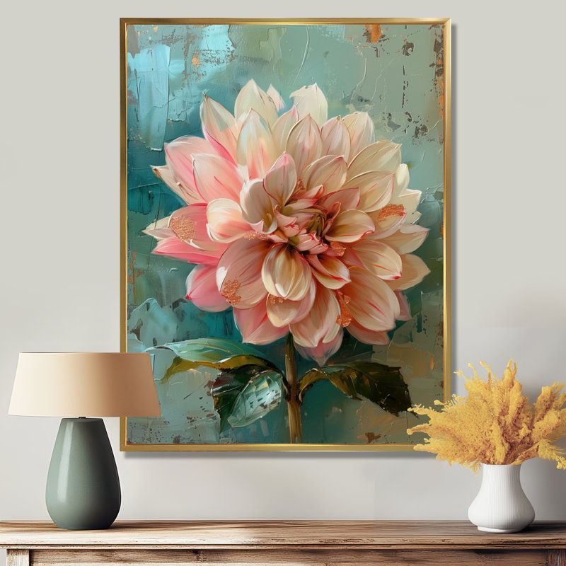 «Dahlia Collage III» - impression d'art mural rose, Cadre flottant doré, H 24 po x l 32 po