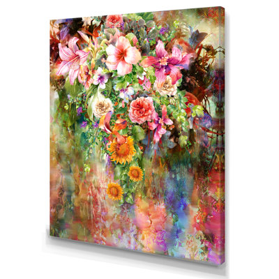 Grunge rose vert fleurs d'été VI - Art mural sur toile traditionnel